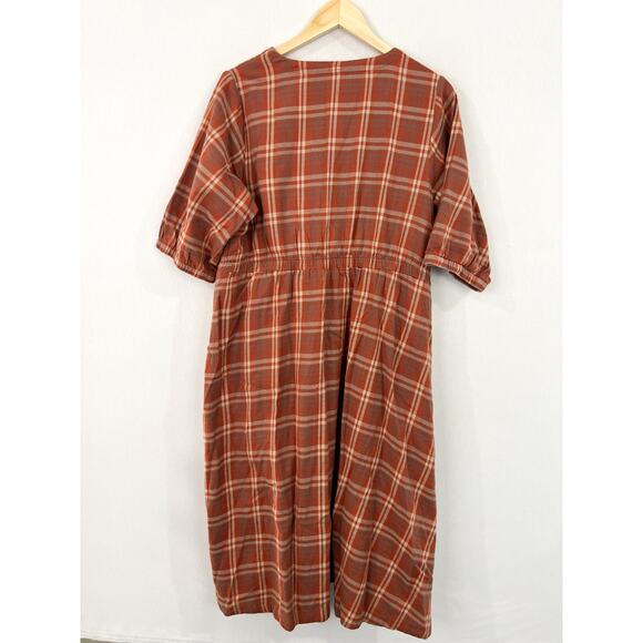 PACT Fireside Flannel Crossover Dress Large Orange Plaid Fall Cotton Boho Modest - Picture 4 of 9